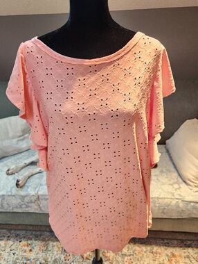 Amana Women's Pink Eyelet Flutter Sleeve Top XL